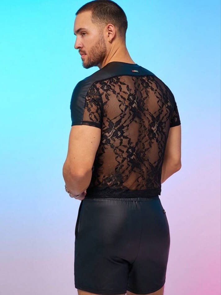 NIGHT-RIDER Men's Elastic Leather & Lace Detail Fitted T-shirt & Short Set
